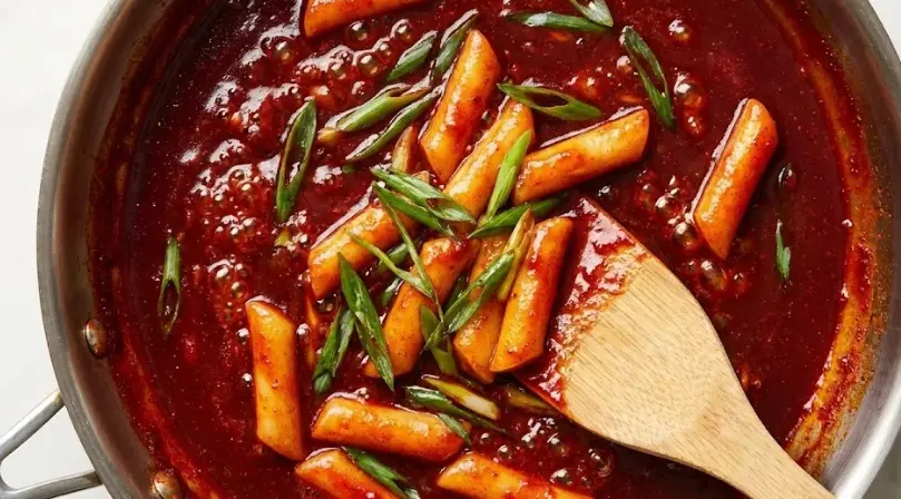 Close-up of vegan Tteokbokki sauce reducing in a pan with rice cakes and green onions.