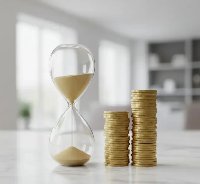 An hourglass and gold coins representing time management as a foundational financial skill.